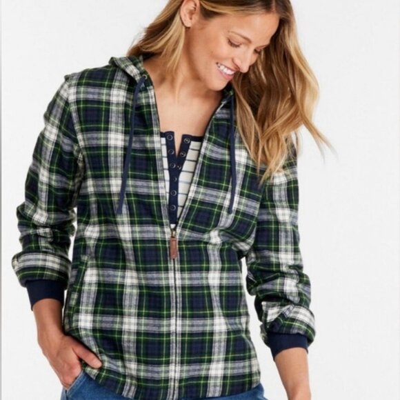 L.L. Bean Scotch Plaid Zip Up Flannel Shirt Sherpa Lined Size SP Green Navy - Picture 1 of 11